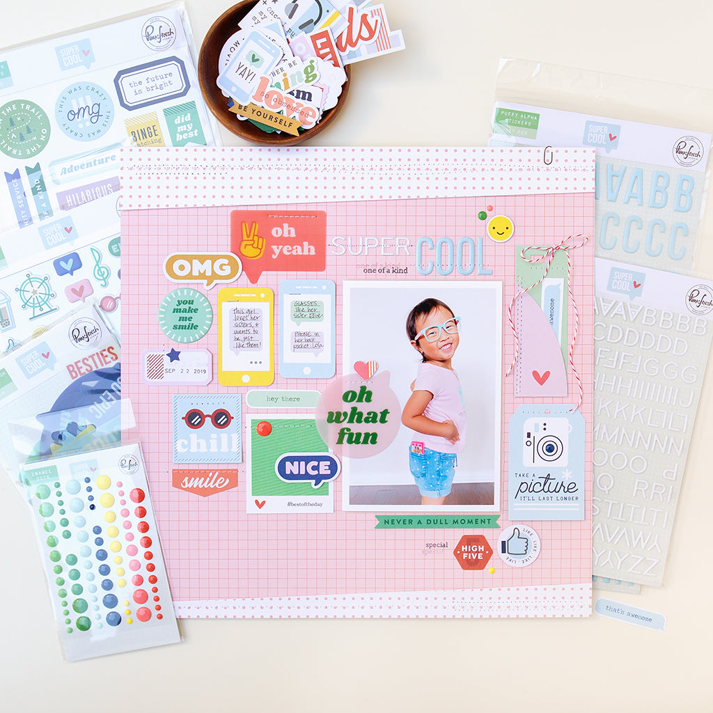 Super Cool scrapbook layout featuring the new Super Cool collection